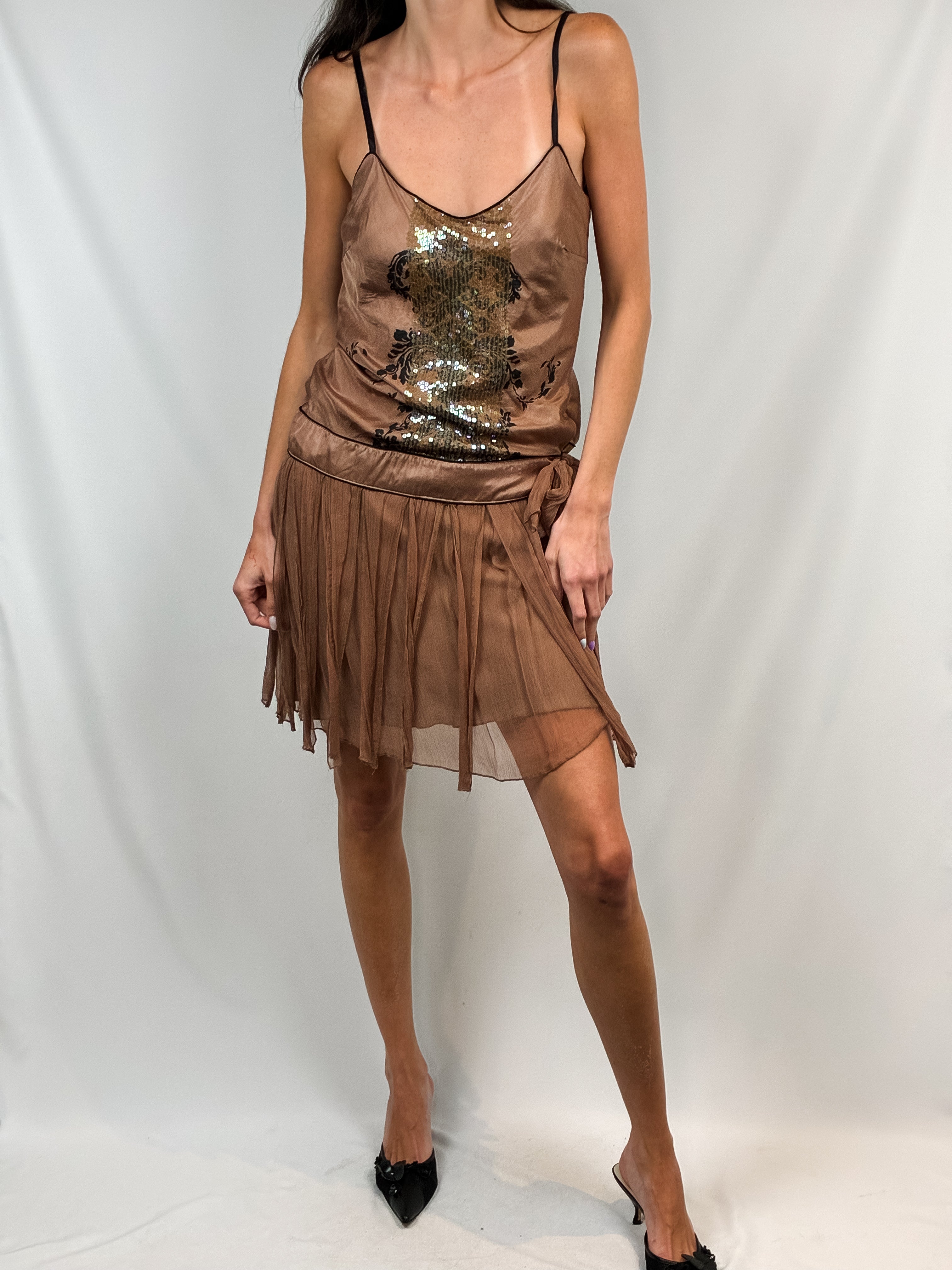 drop waist sequin mini dress Derhy 2000s Tan Drop-Waist With its playful length Size:US 8 / EU 41 Women's Entro Zip Through mini dress light blue