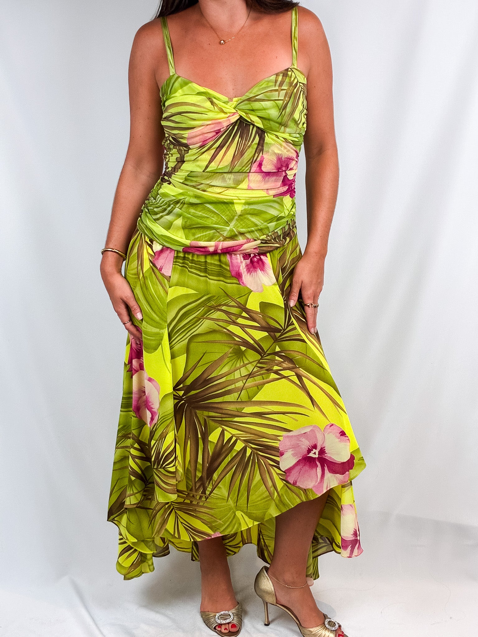 Gai Mattiolo 2000s Tropical Print Ruched Mesh Maxi Dress