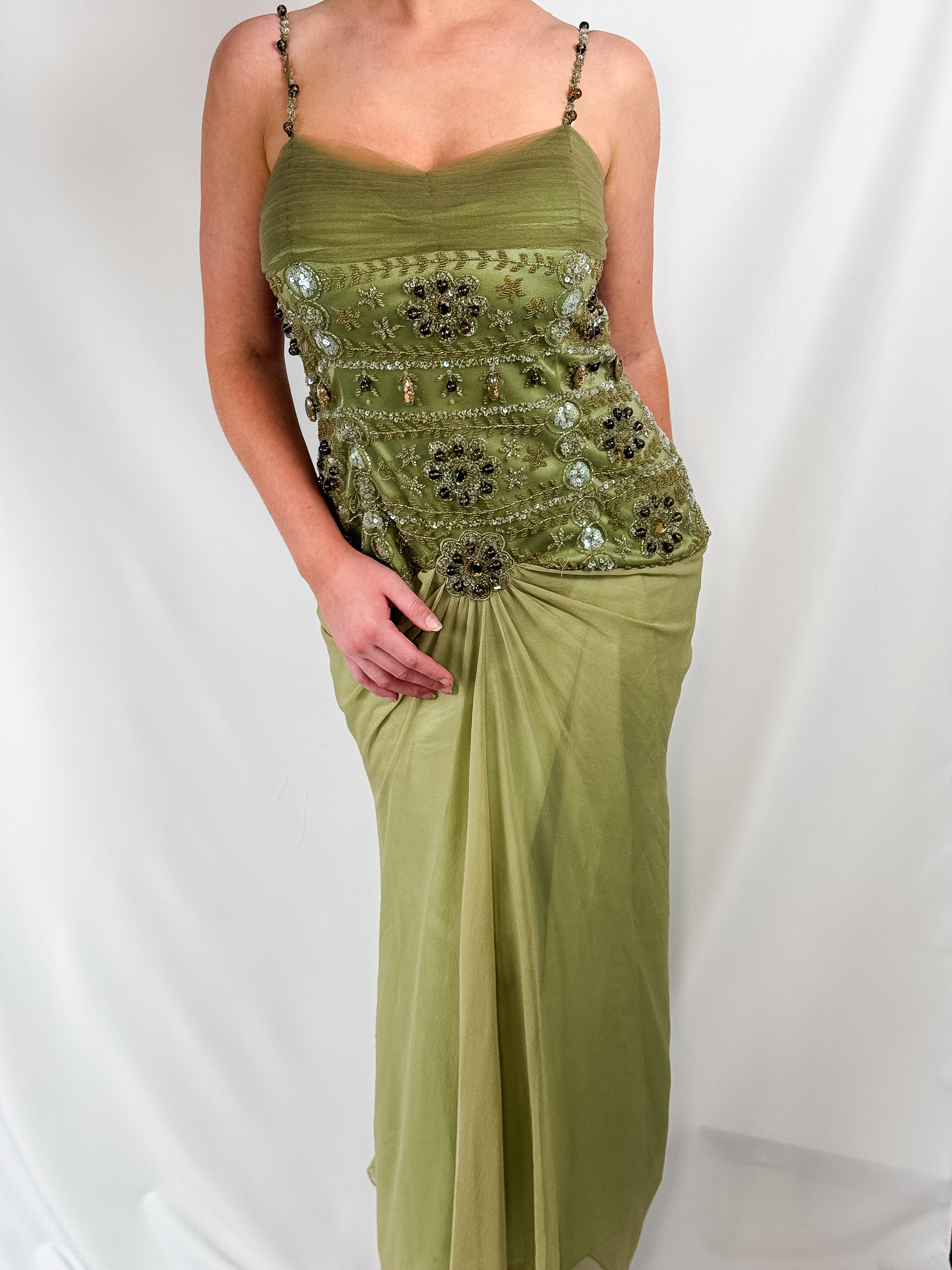 2000s maxi dress Sherry Haute Couture Sage Green Silk Beaded Gown Vacation 2026 Hannah is 5’5” and Toad&Co Earthworks Jumper Dress Size:MEDIUM - US MEN 13 - UK 12.5 - EU 47