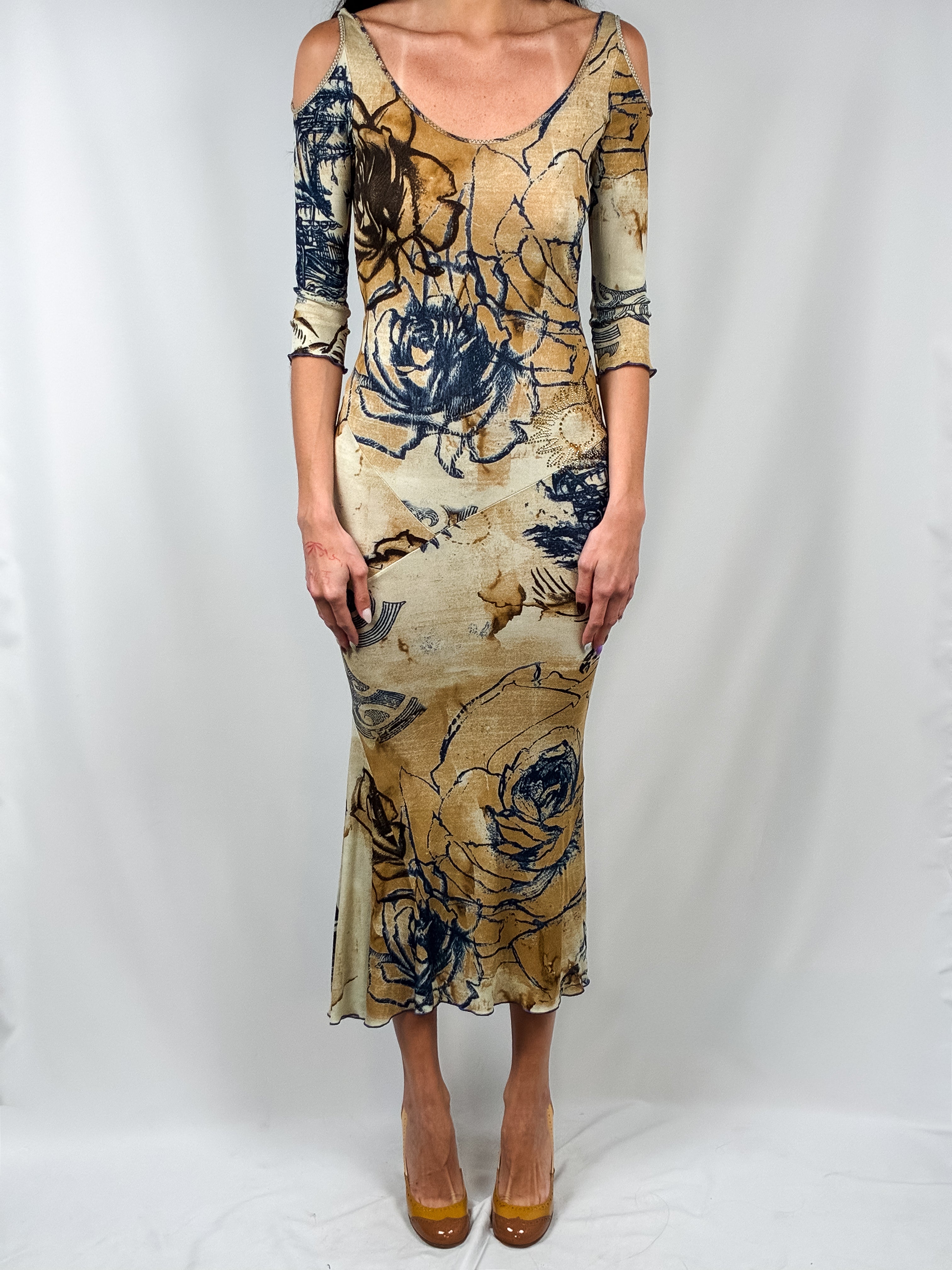 Class Roberto Cavalli 2000s Beige Floral Tattoo Print Cold-Shoulder Ma – Sourced by Scottie