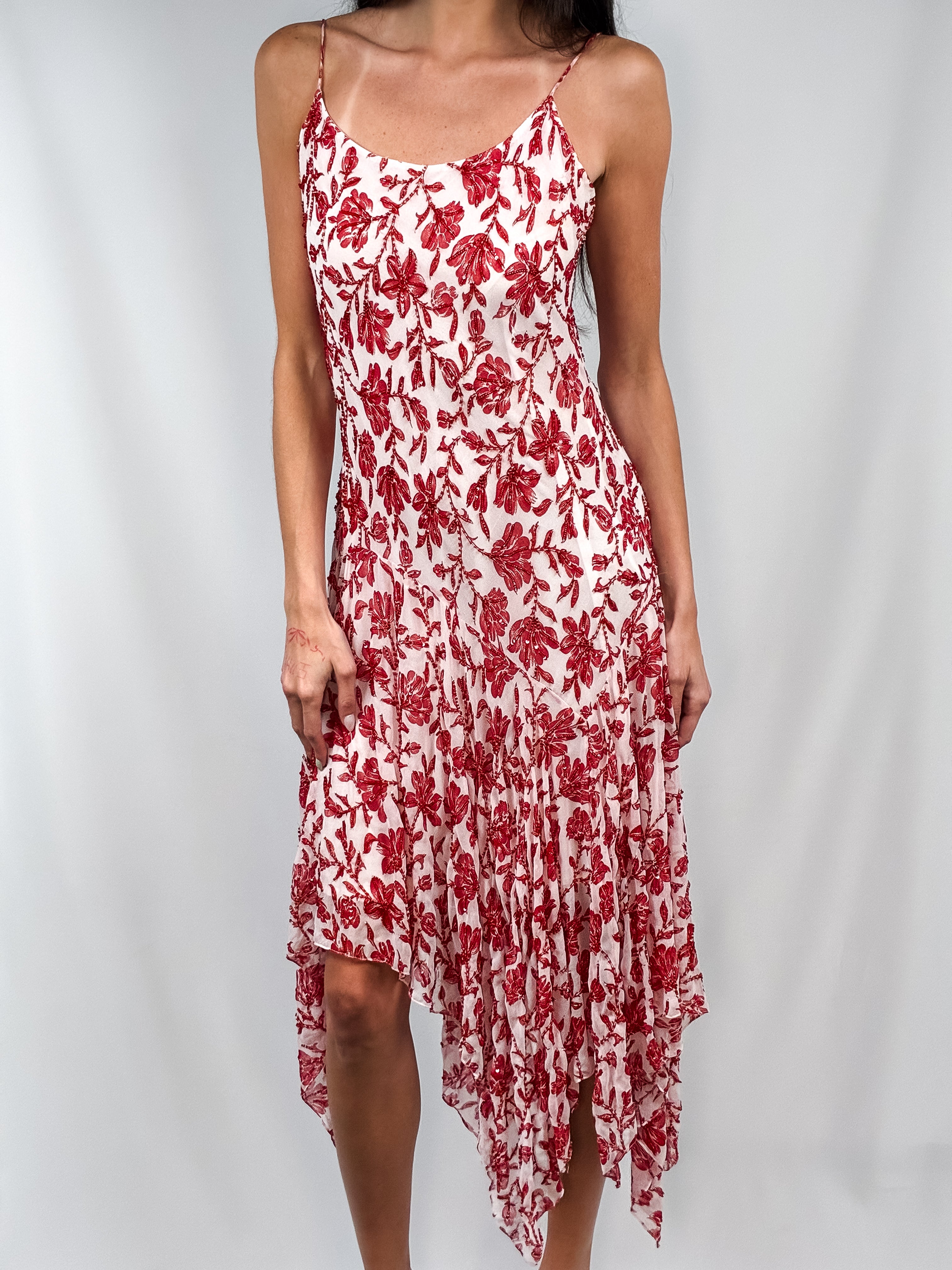 2000s Red & Cream Beaded Floral Handkerchief Hem Slip Dress