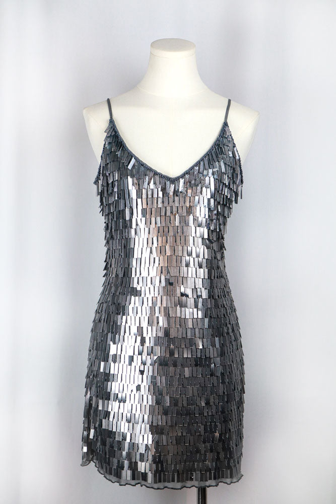 grey sequin mini dress Y2K Silver Rectangular Sequin Mini Dress – Sourced by Scottie