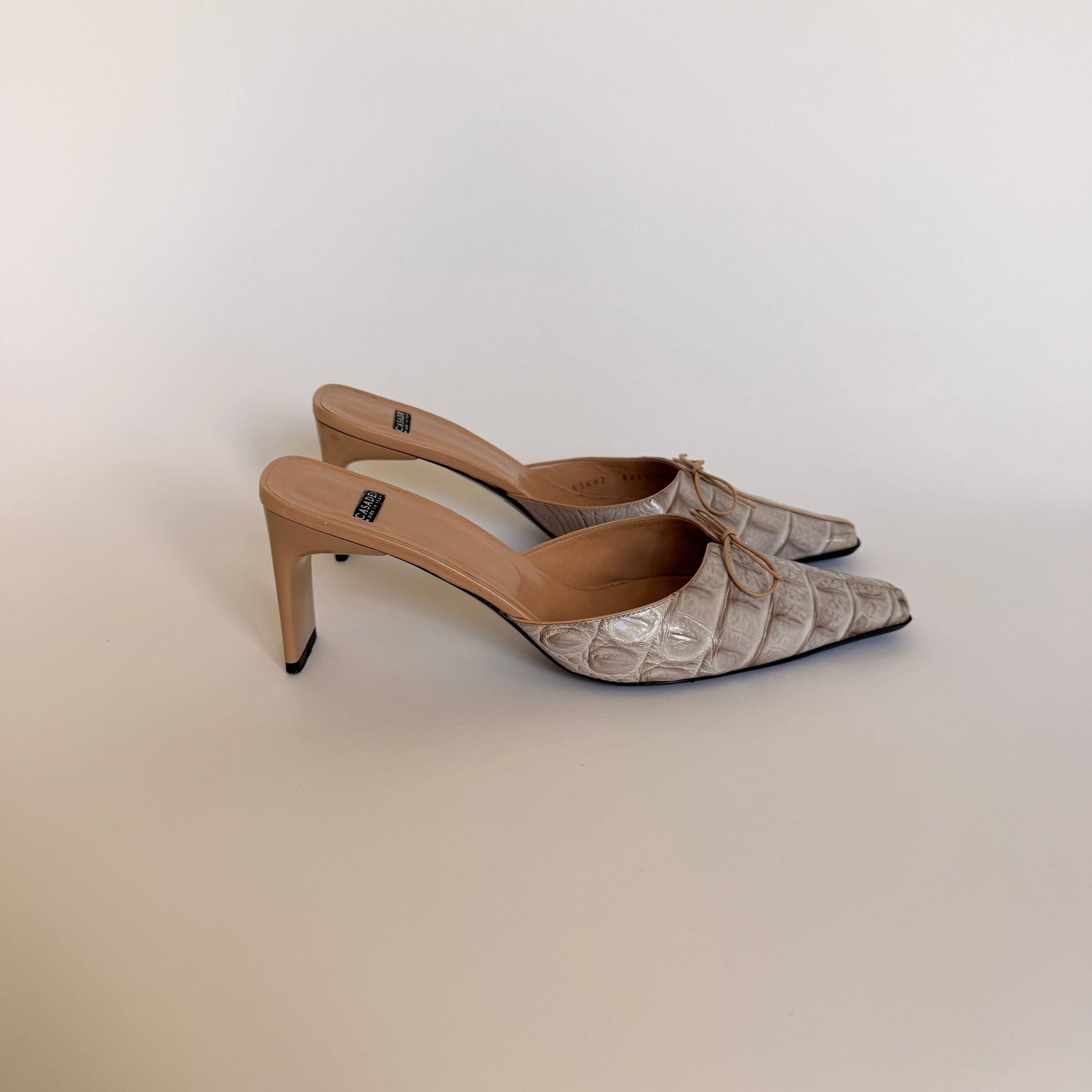 Casadei Pellame Horn Beige Croc Mules - US 8.5