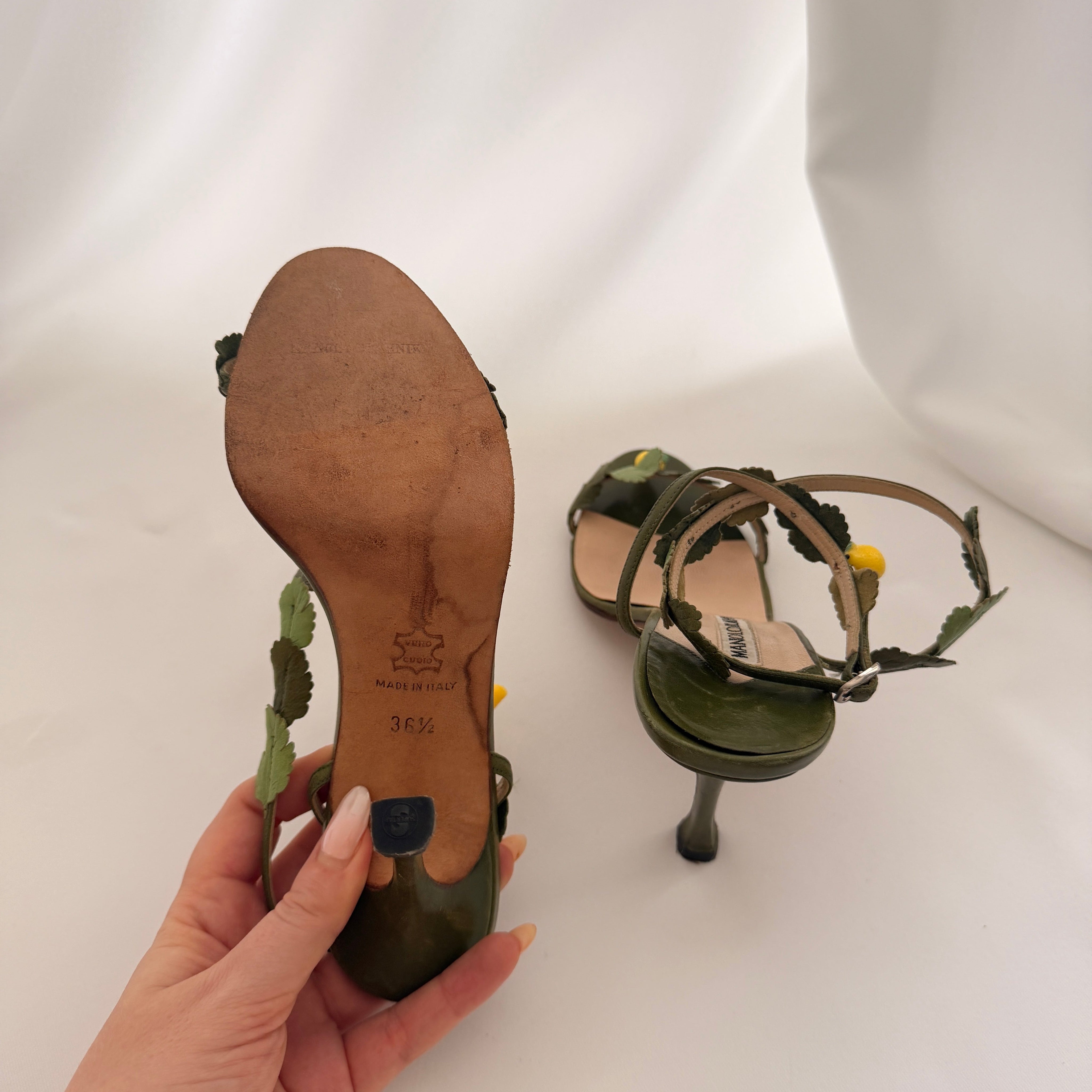 Manolo Blahnik Botanical Leaf Heels with Lemon Charms - EU 36 / US 6