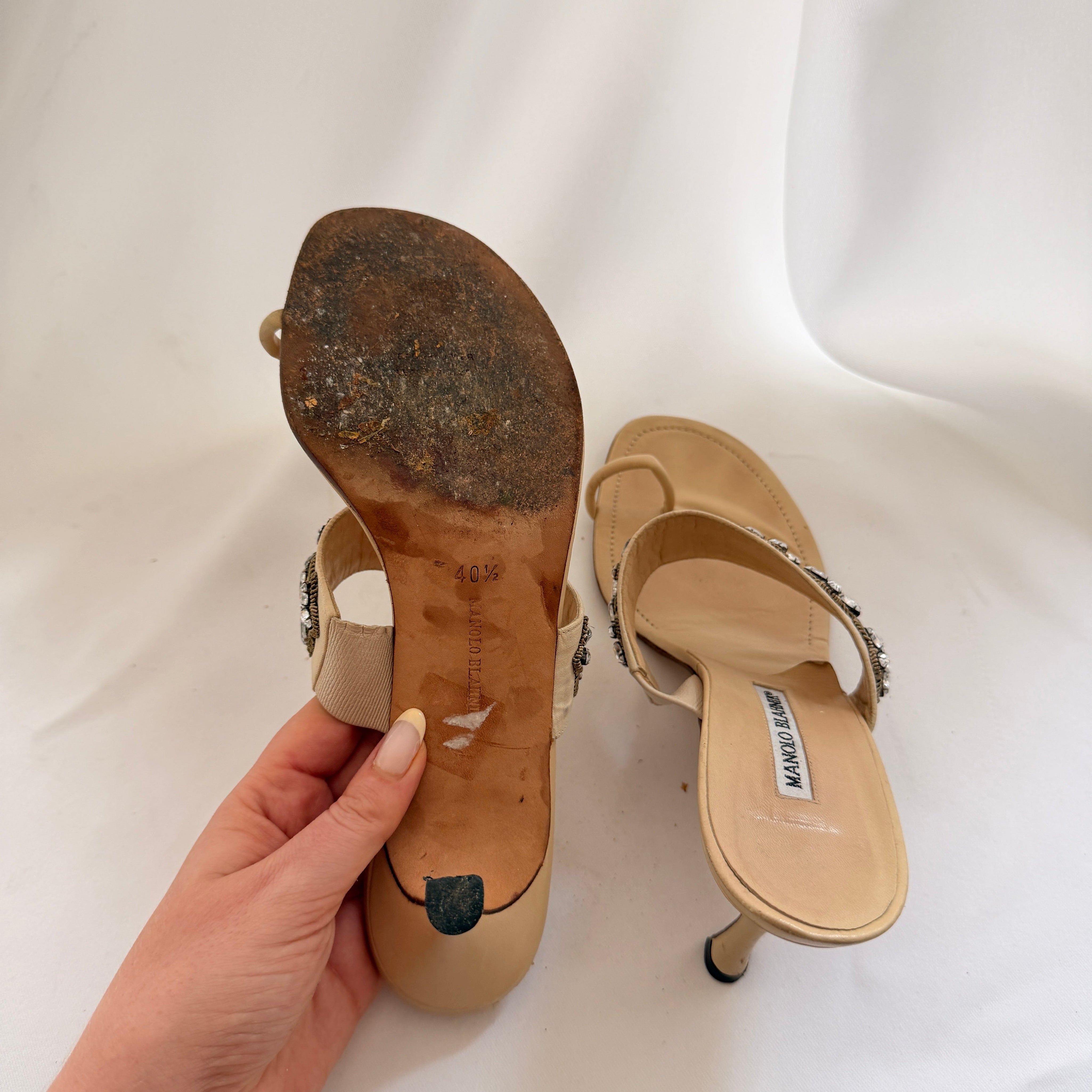 Manolo Blahnik Embellished Nude Mules - EU 40.5