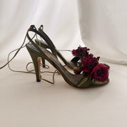 Valentino Olive Satin Rosebud Embellished Heels - EU 37 / US 6.5