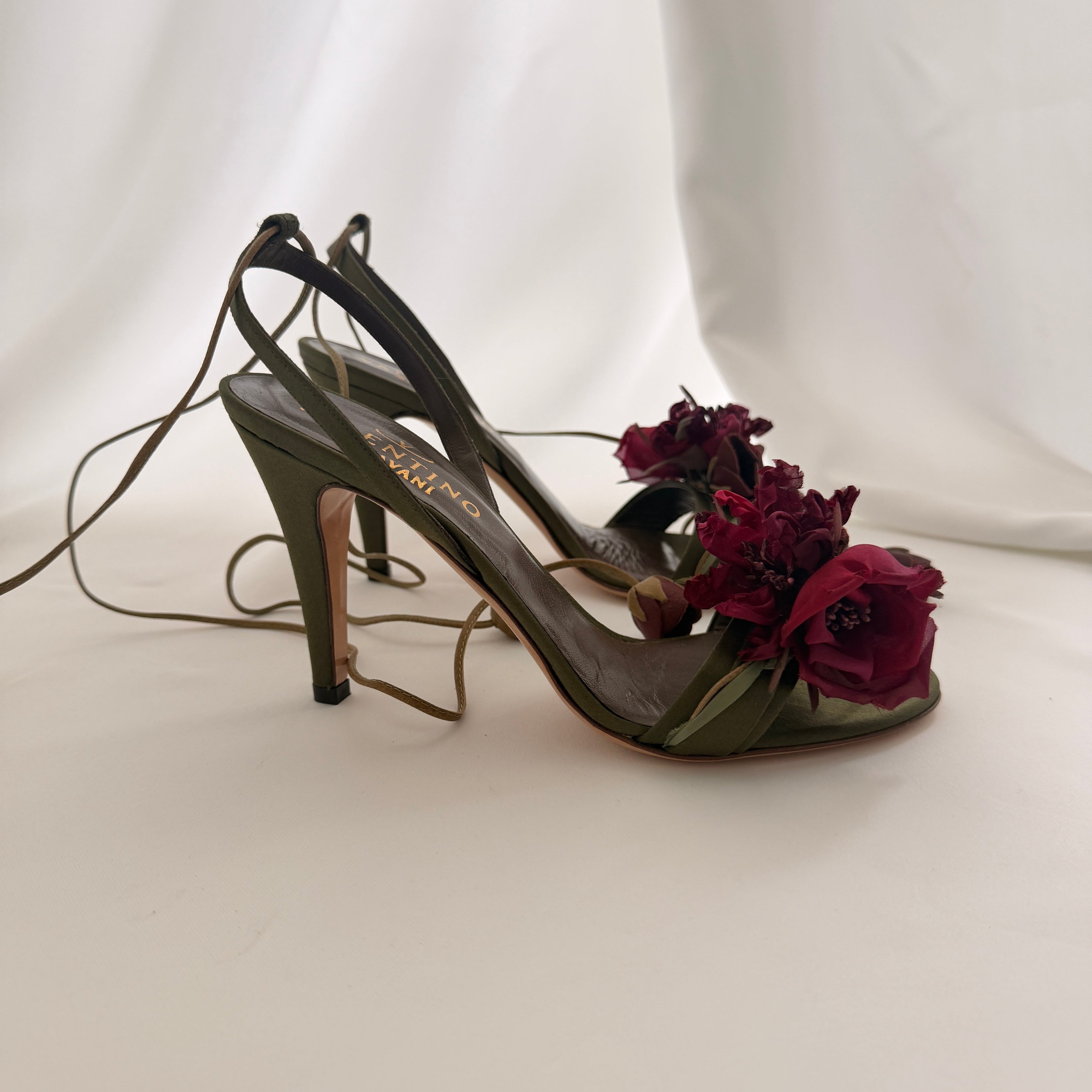 Valentino Olive Satin Rosebud Embellished Heels - EU 37 / US 6.5