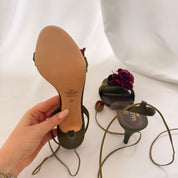 Valentino Olive Satin Rosebud Embellished Heels - EU 37 / US 6.5