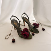 Valentino Olive Satin Rosebud Embellished Heels - EU 37 / US 6.5
