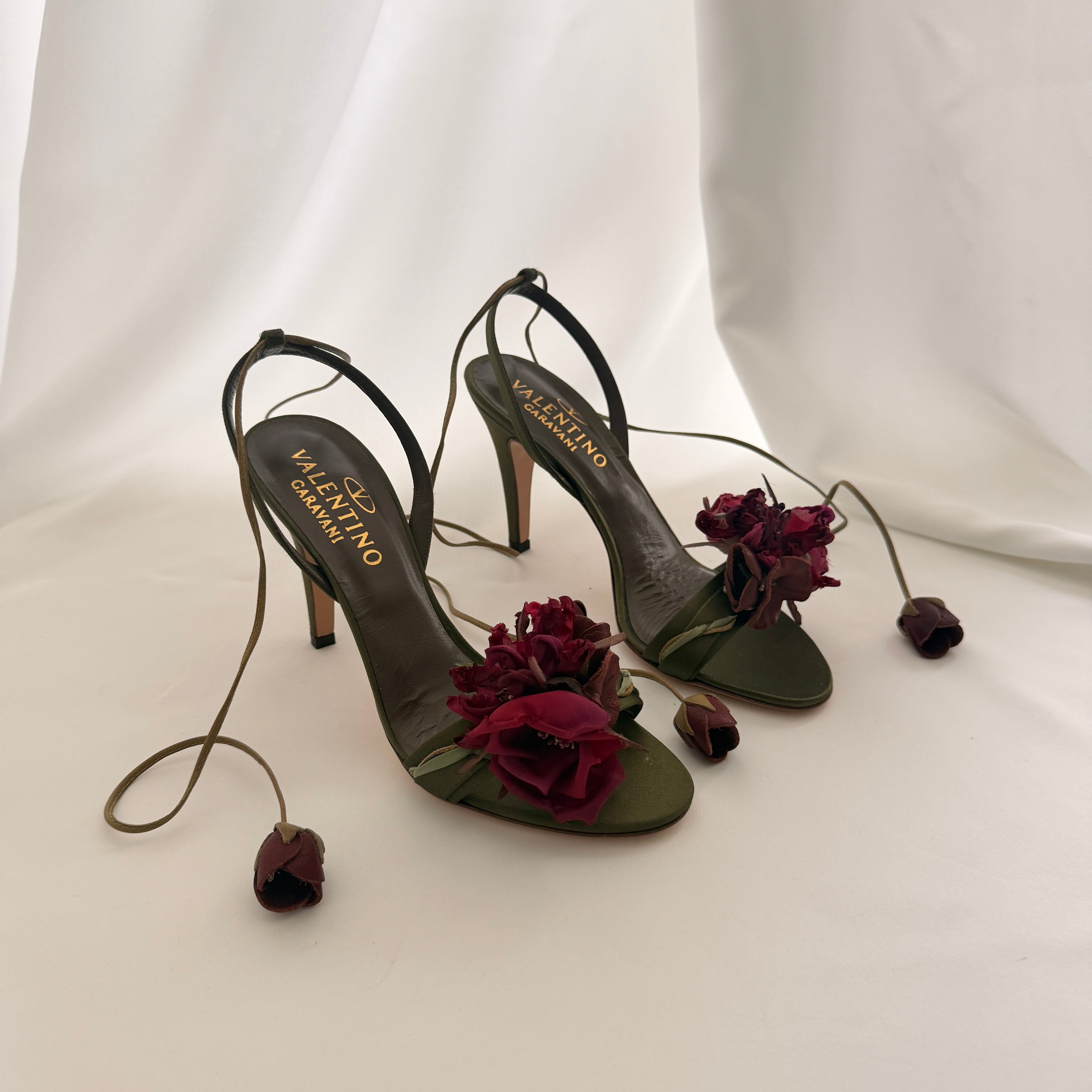 Valentino Olive Satin Rosebud Embellished Heels - EU 37 / US 6.5