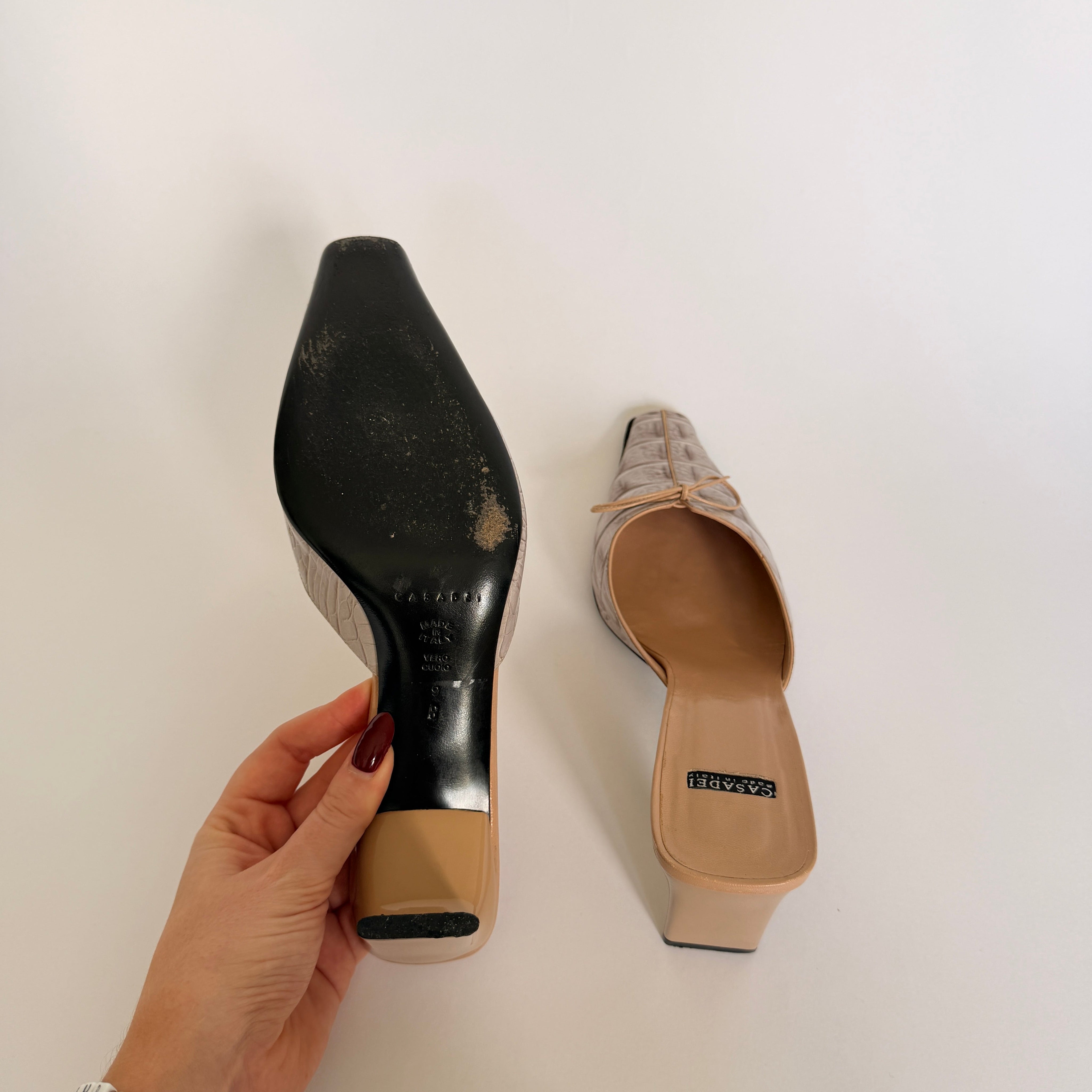 Casadei Pellame Horn Beige Croc Mules - US 8.5