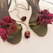 Valentino Olive Satin Rosebud Embellished Heels - EU 37 / US 6.5