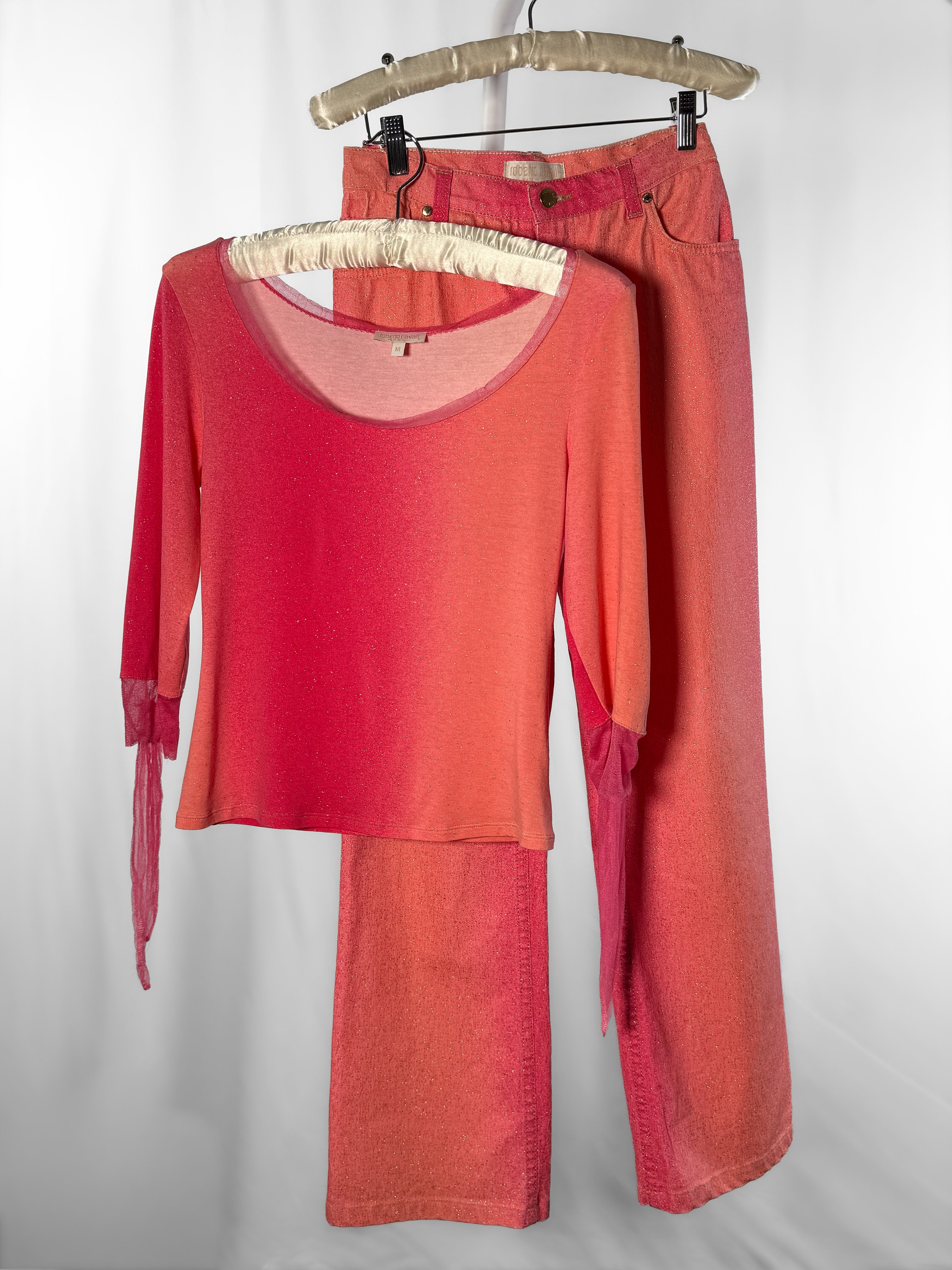 Roberto Cavalli 2001 Pink Ombré Glitter Denim Top & Jeans Set - Top S-M / Jeans W24