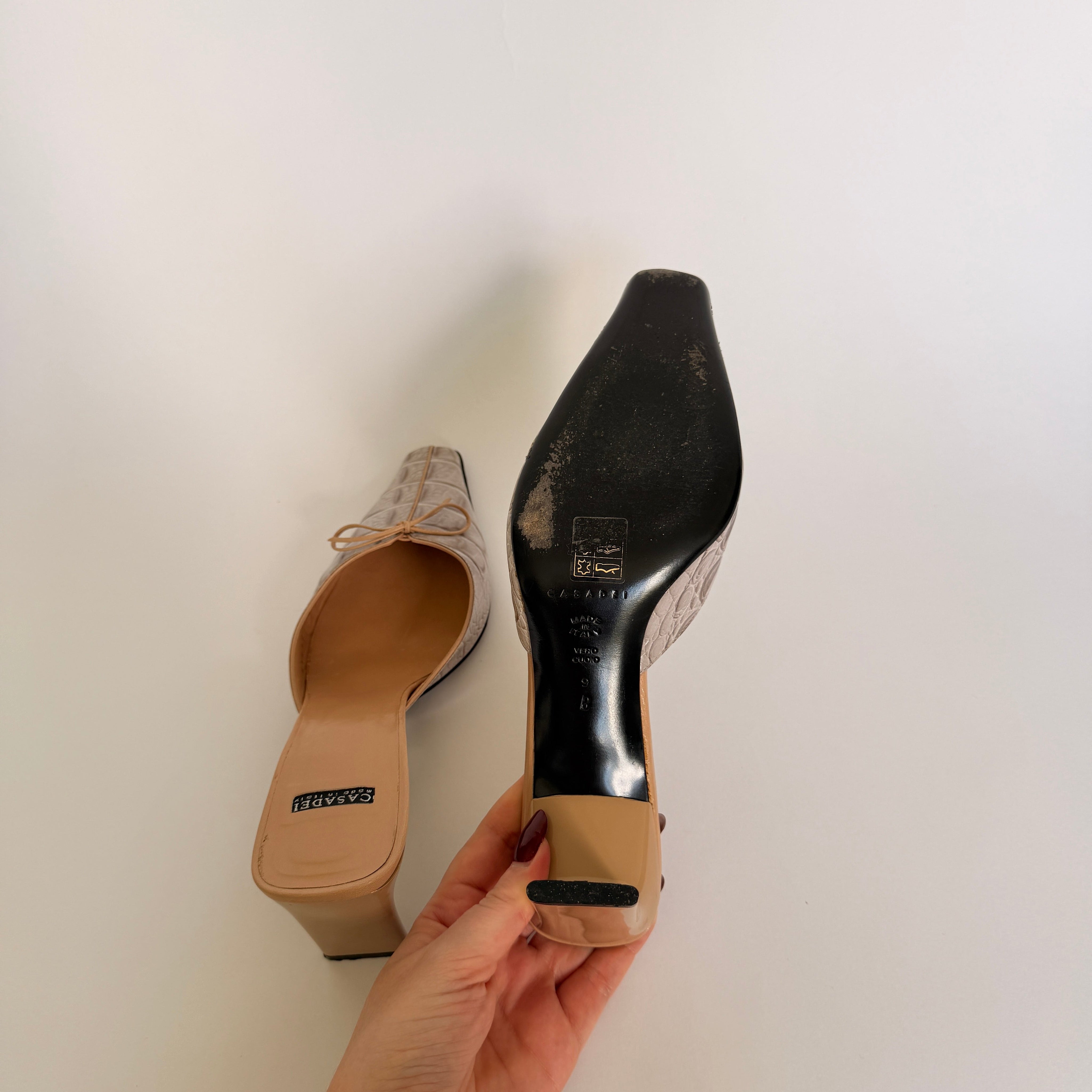 Casadei Pellame Horn Beige Croc Mules - US 8.5