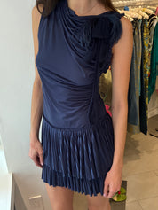 Ermanno Scervino 2000s Navy One-Shoulder Ostrich Feather Pleated Dress - S