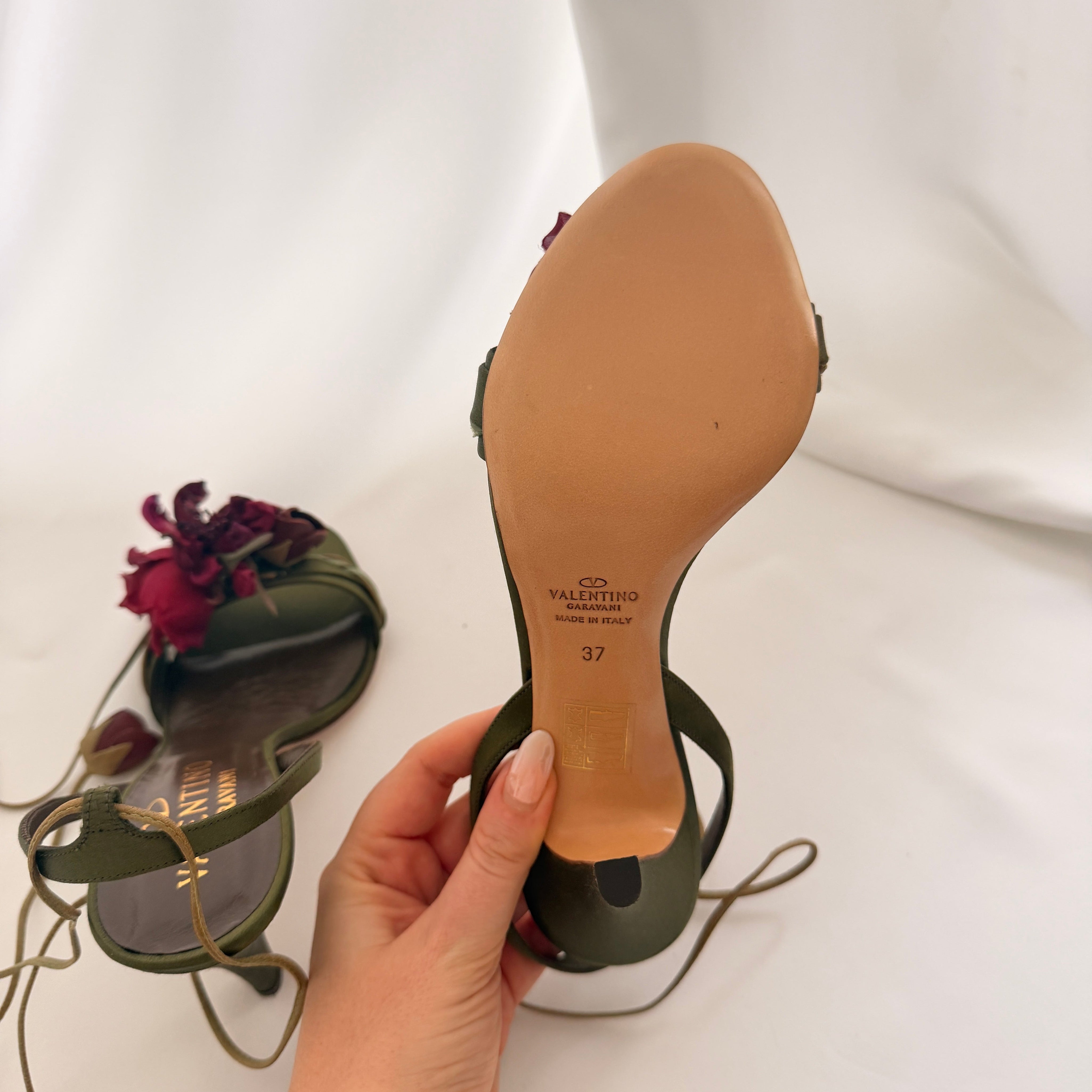 Valentino Olive Satin Rosebud Embellished Heels - EU 37 / US 6.5