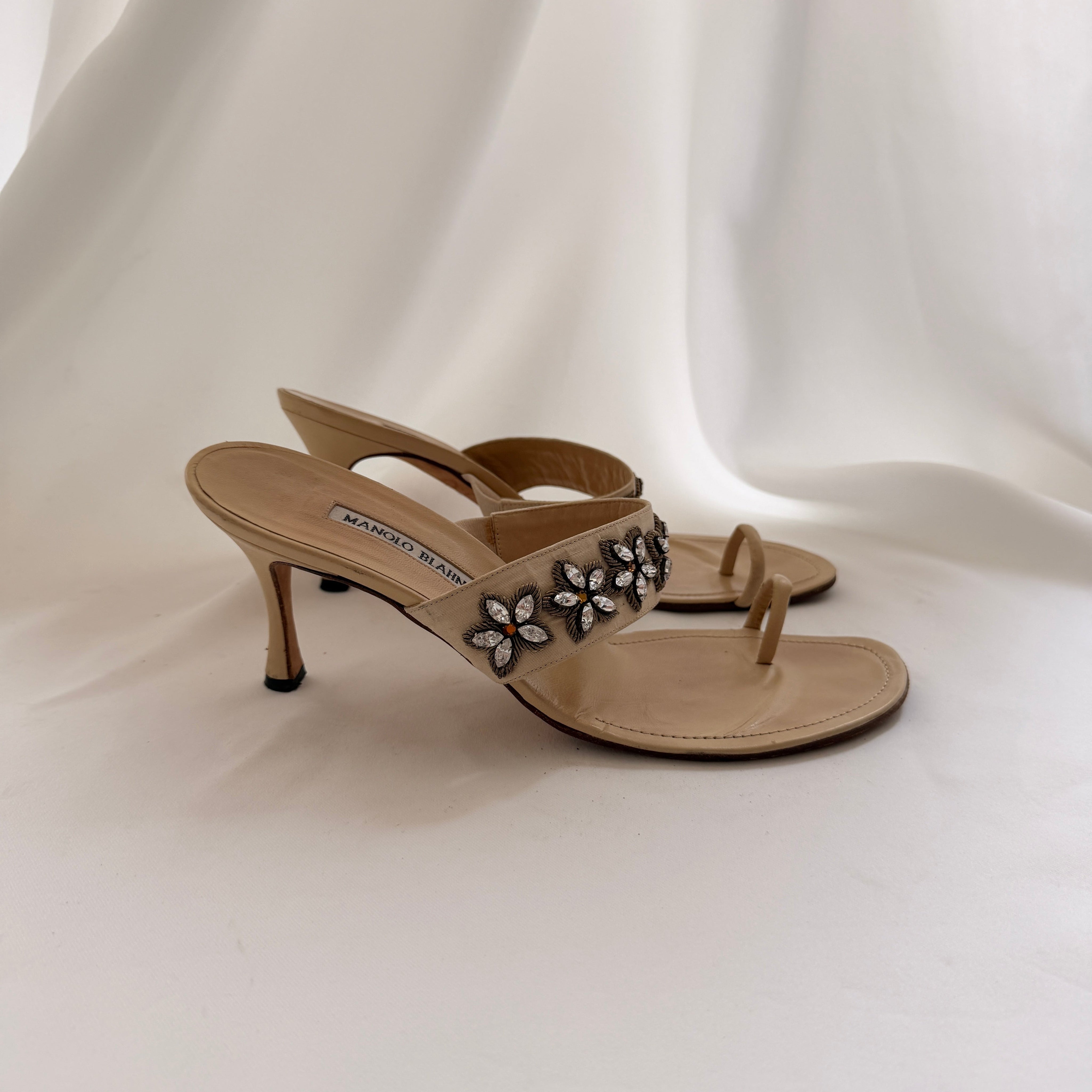 Manolo Blahnik Embellished Nude Mules - EU 40.5