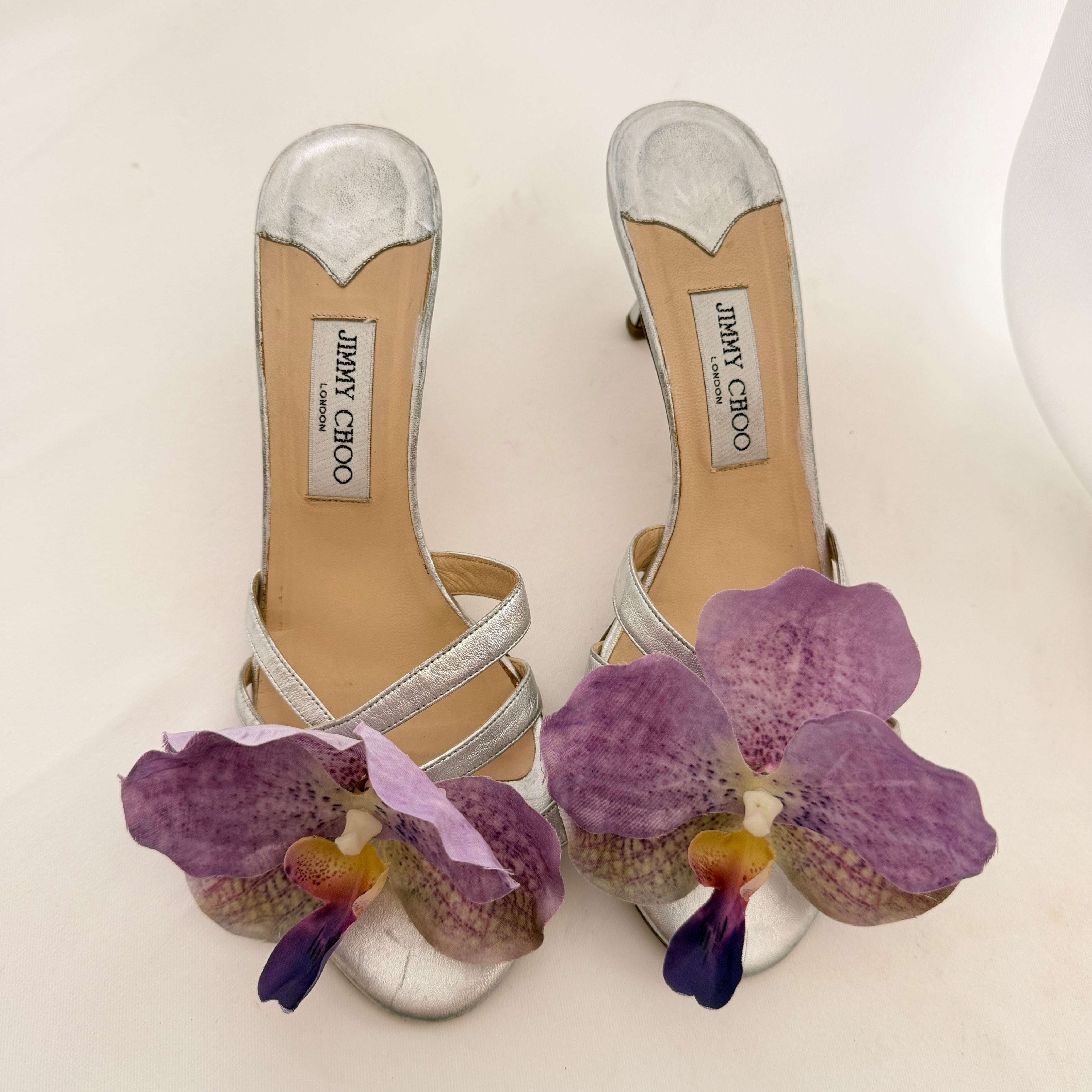 Jimmy Choo Reworked Silver Orchid Mules - 40