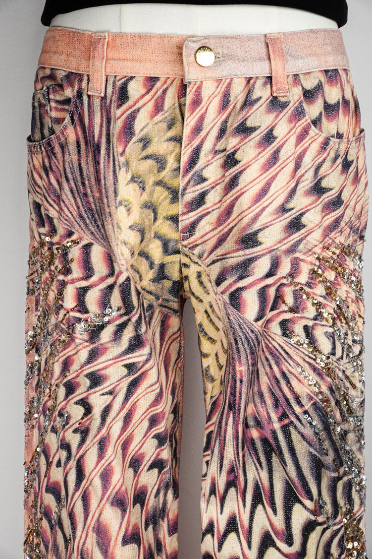 Roberto Cavalli SS 2001 Sequin Butterfly Illusion Flare Jeans – M