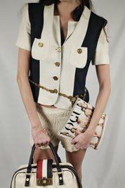 Moschino Cheap and Chic 1990s Navy & Cream Color-Block Blazer with Coin Belt - S/M