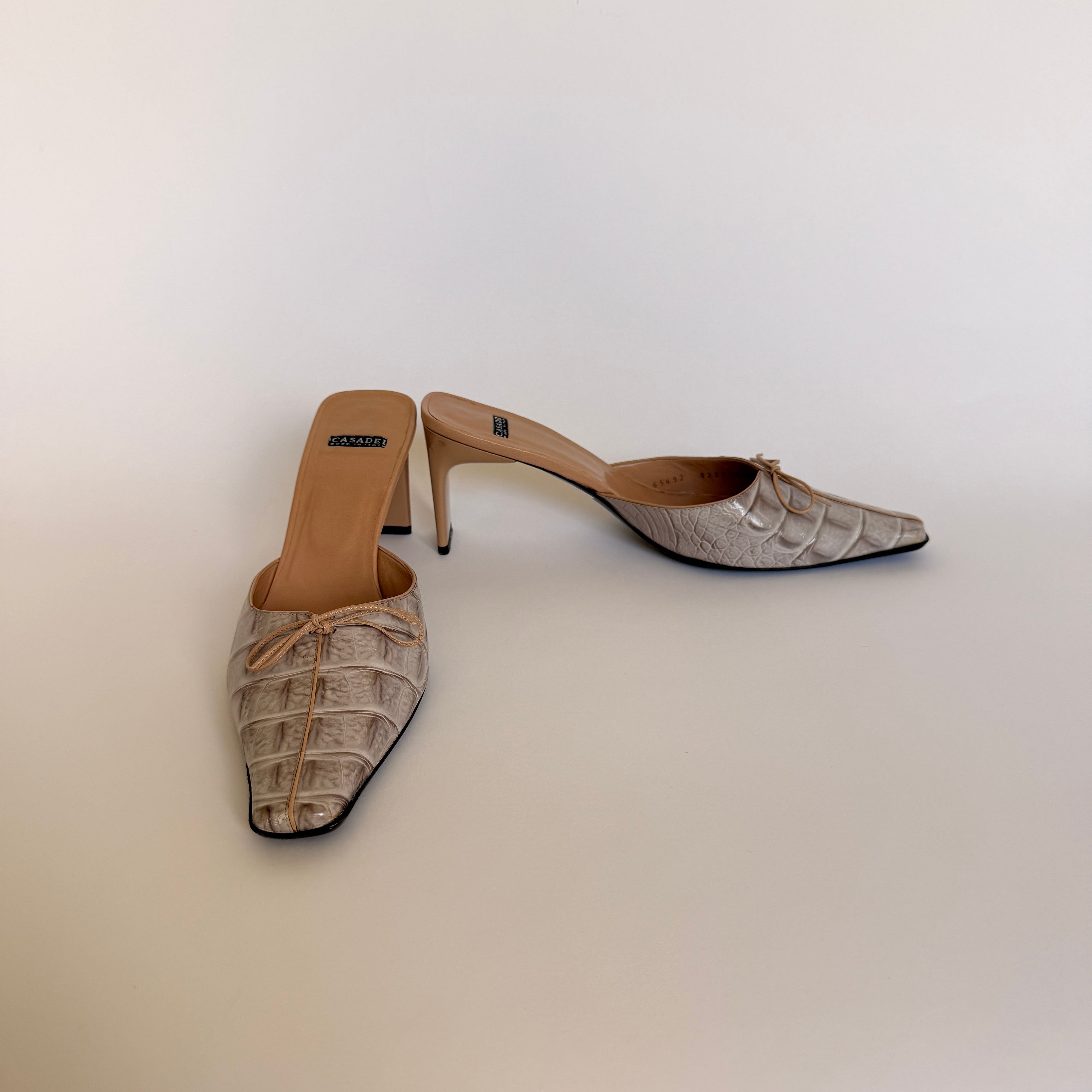 Casadei Pellame Horn Beige Croc Mules - US 8.5