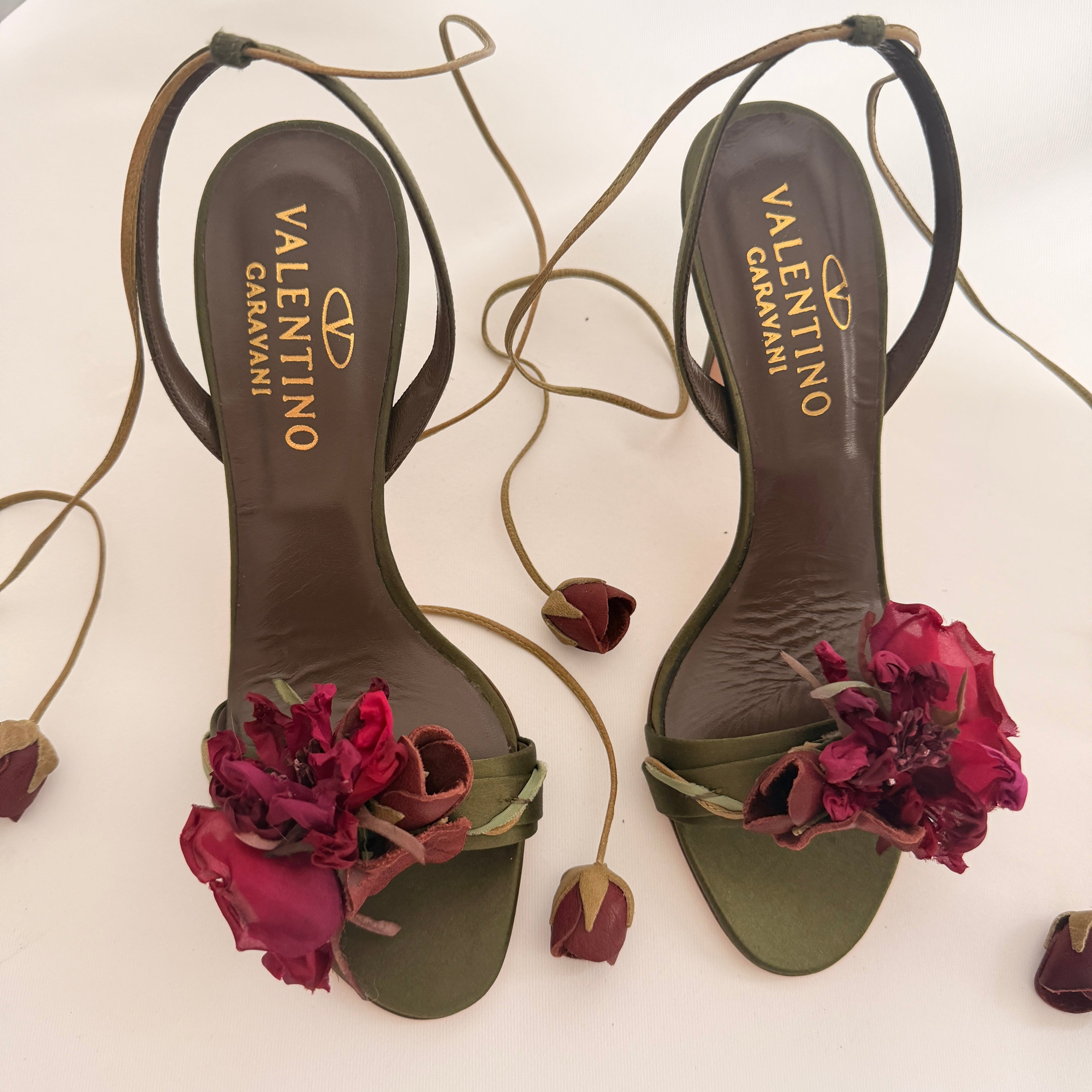 Valentino Olive Satin Rosebud Embellished Heels - EU 37 / US 6.5