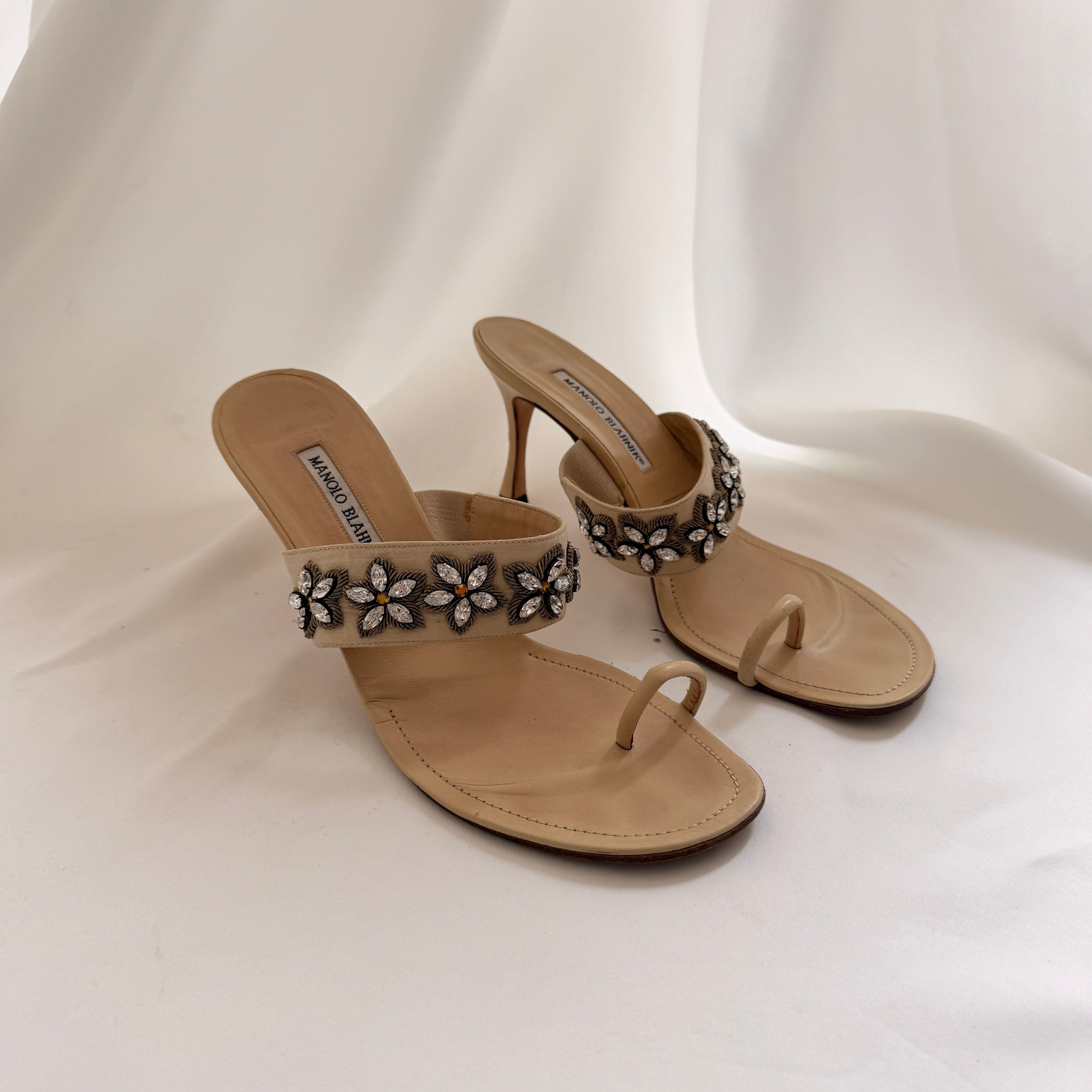 Manolo Blahnik Embellished Nude Mules - EU 40.5