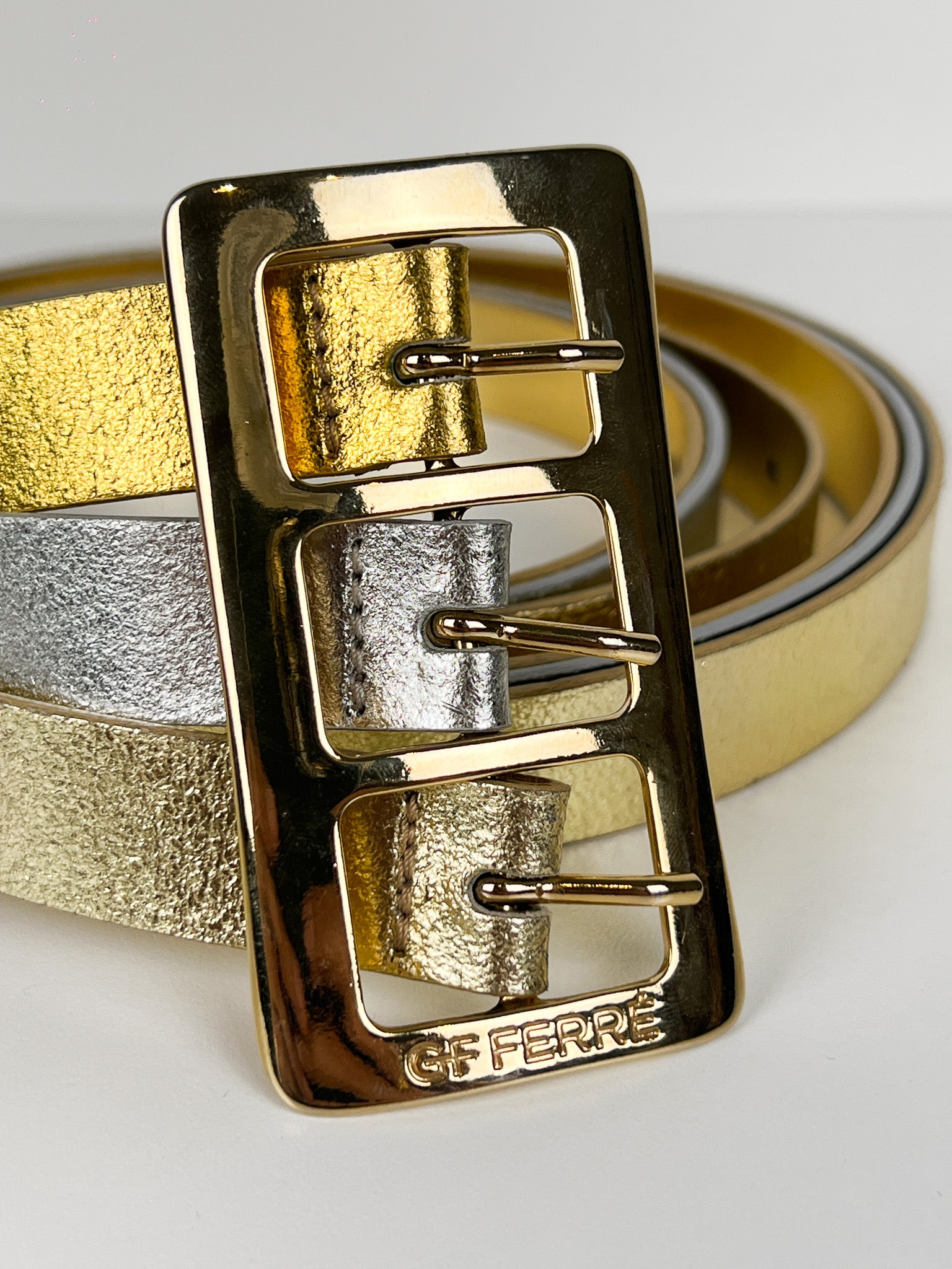 GF Ferré 2000s Gold and Silver Metallic Triple-Buckle Belt - W31-W35