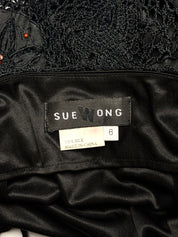 Sue Wong 2000s Black Beaded Crochet Halter Dress - S/M