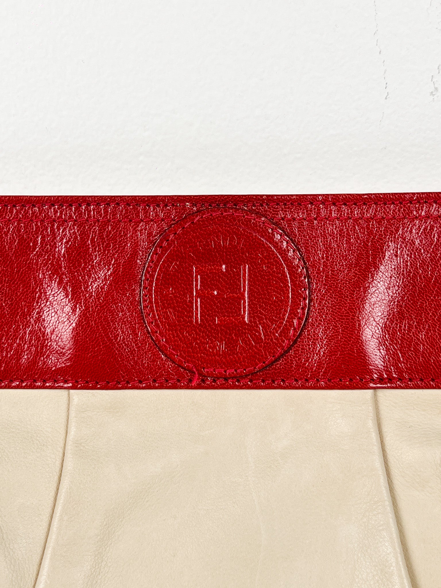 Fendi 1980s Cream Leather Red Patent Clutch