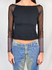 Gianfranco Ferre Jeans 2000s Black Mesh Rhinestone Cuff Top - M/L