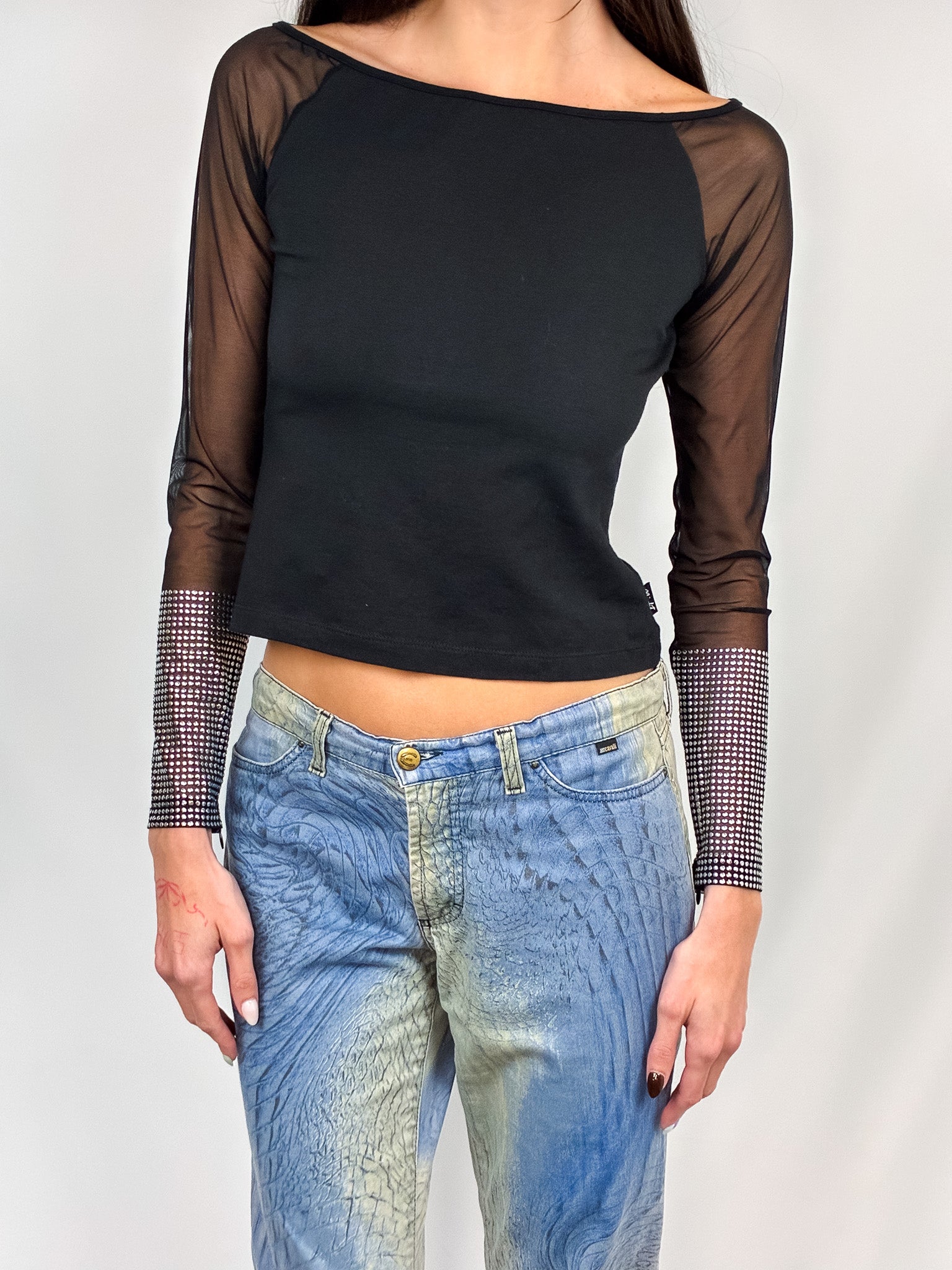 Gianfranco Ferre Jeans 2000s Black Mesh Rhinestone Cuff Top - M/L