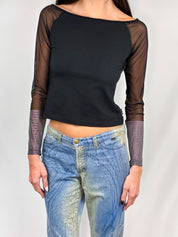 Gianfranco Ferre Jeans 2000s Black Mesh Rhinestone Cuff Top - M/L