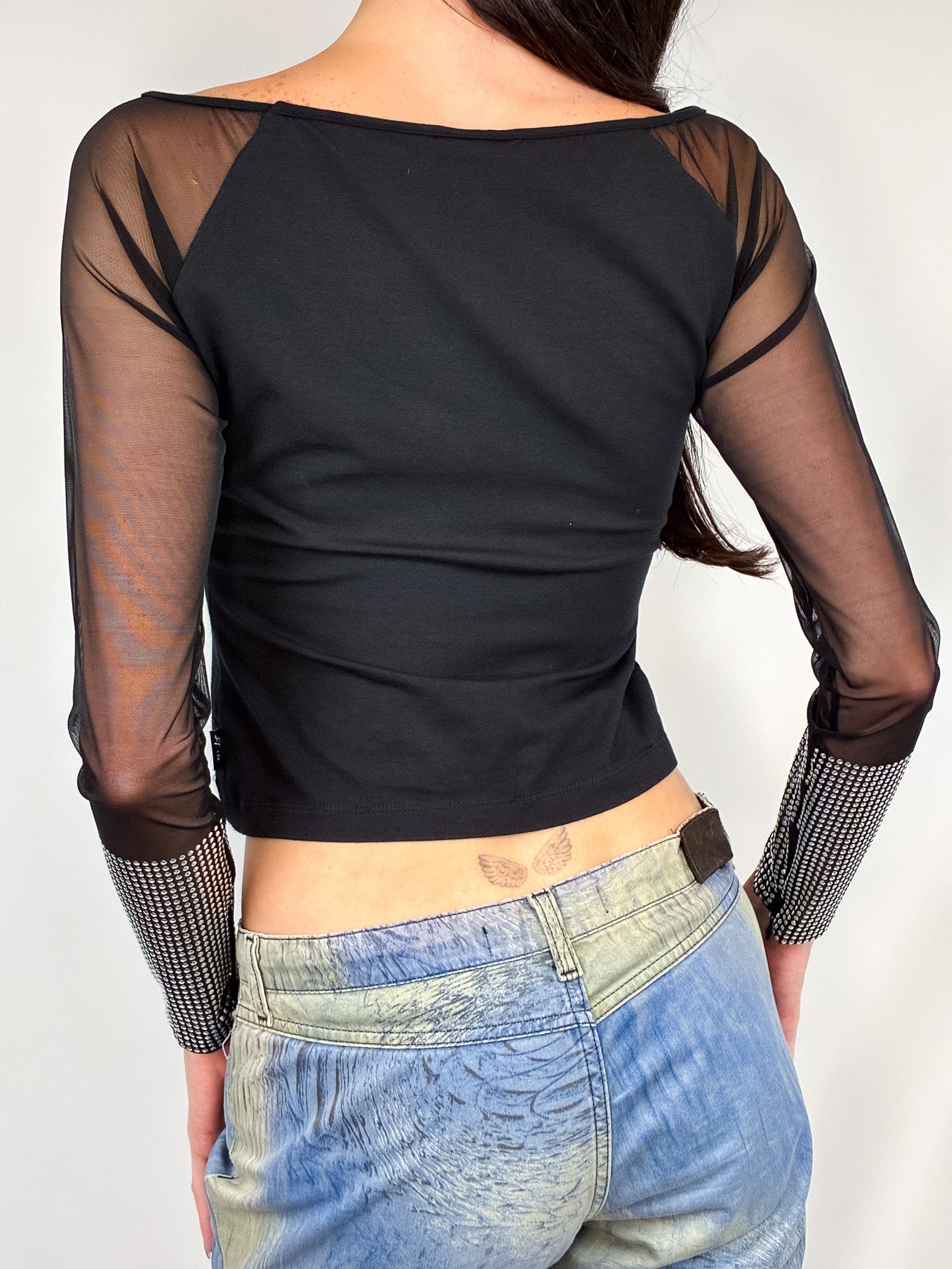 Gianfranco Ferre Jeans 2000s Black Mesh Rhinestone Cuff Top - M/L