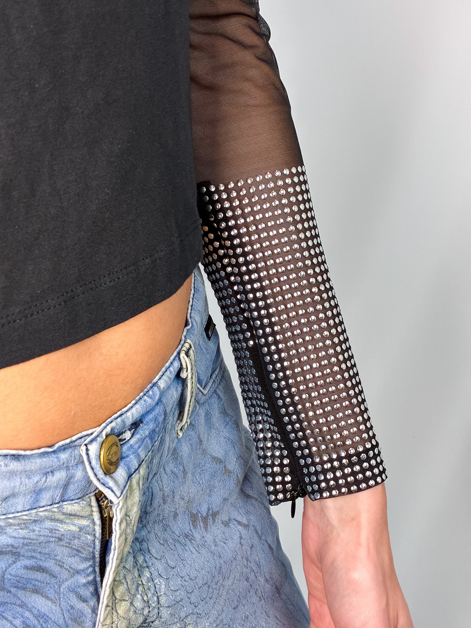 Gianfranco Ferre Jeans 2000s Black Mesh Rhinestone Cuff Top - M/L
