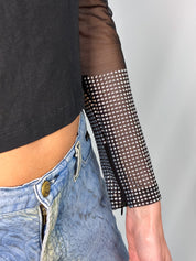 Gianfranco Ferre Jeans 2000s Black Mesh Rhinestone Cuff Top - M/L