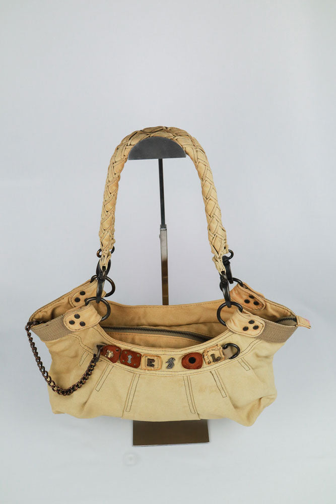 Diesel Early-2000s Beige Braided-Handle Studded Hobo