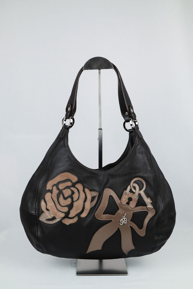 Blumarine 2000s Rose and Ribbon Black Leather Shoulder Bag