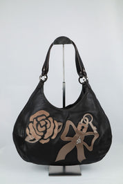 Blumarine 2000s Rose and Ribbon Black Leather Shoulder Bag