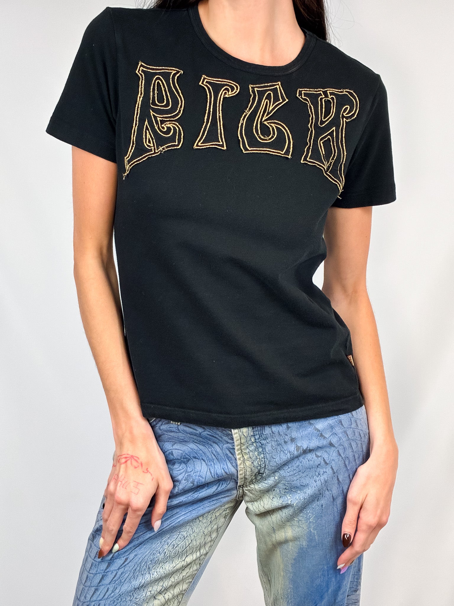 Richmond Denim 2000s Black "RICH" Gold Gothic Graphic Tee - S