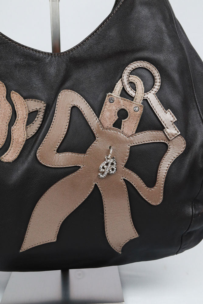 Blumarine 2000s Rose and Ribbon Black Leather Shoulder Bag