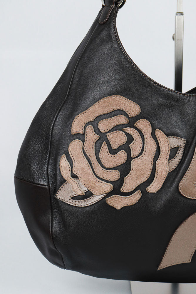 Blumarine 2000s Rose and Ribbon Black Leather Shoulder Bag