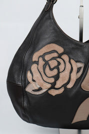 Blumarine 2000s Rose and Ribbon Black Leather Shoulder Bag