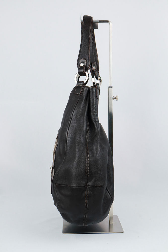 Blumarine 2000s Rose and Ribbon Black Leather Shoulder Bag