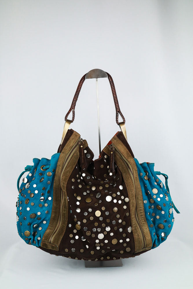 Kenzo 2000s Brown & Turquoise Studded Suede Bag