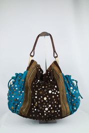 Kenzo 2000s Brown & Turquoise Studded Suede Bag