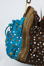 Kenzo 2000s Brown & Turquoise Studded Suede Bag