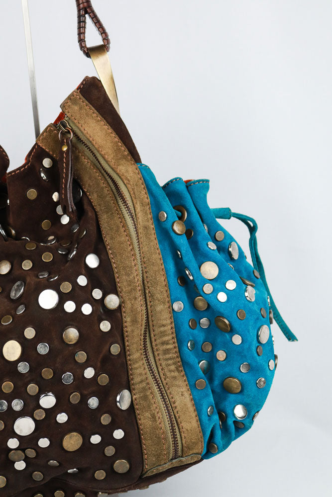 Kenzo 2000s Brown & Turquoise Studded Suede Bag