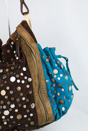 Kenzo 2000s Brown & Turquoise Studded Suede Bag