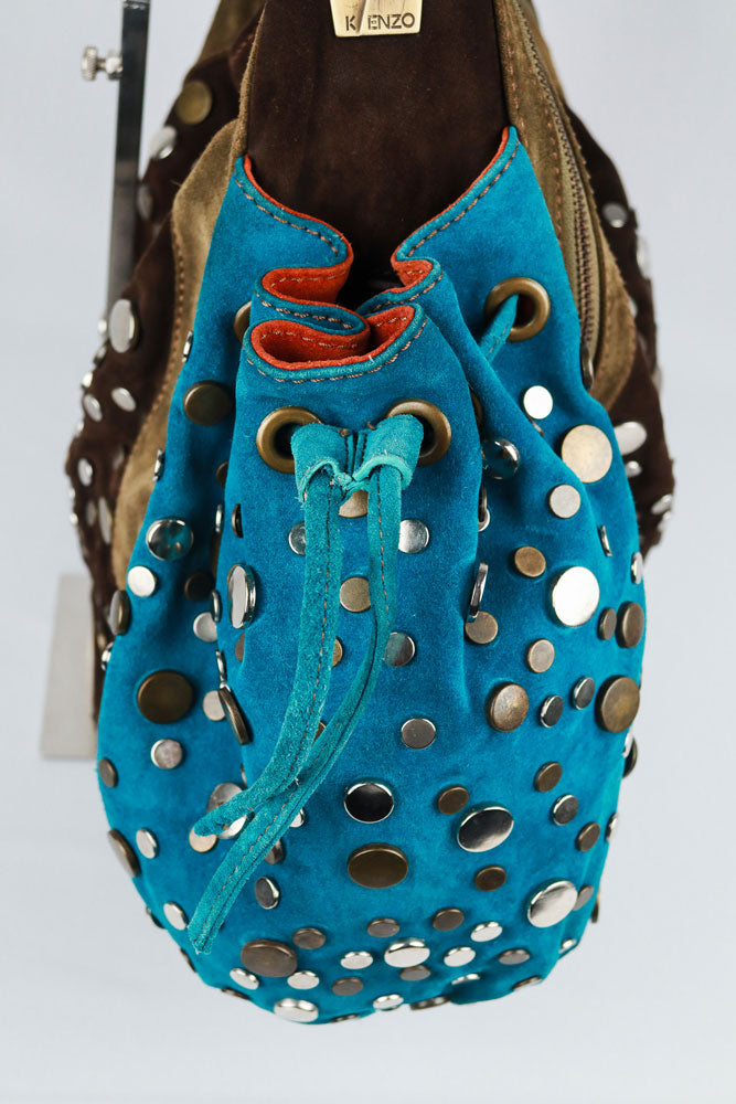 Kenzo 2000s Brown & Turquoise Studded Suede Bag